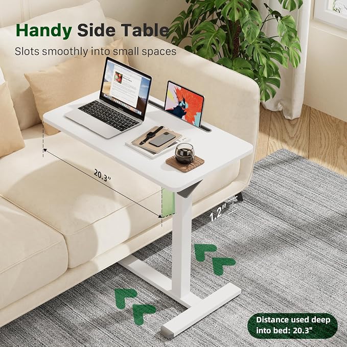 Gibbon Mounts Mobile Standing Desk, Pneumatic Adjustable Rolling Desk(27.5 Inches), Portable Laptop Desk with Wheels, Overbed Bedside Table Laptop Table for Couch, Home, Office, White