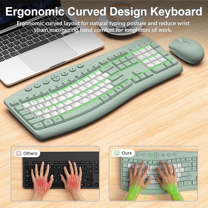 Wireless Keyboard and Mouse Combo, 2.4G Full Size Quiet Ergonomic Curved Keyboard for Natural Typing, 3-Level DPI Adjustable Silent Mouse for Windows, Mac OS, Desktop/Office and Home (Avocado Green-B)