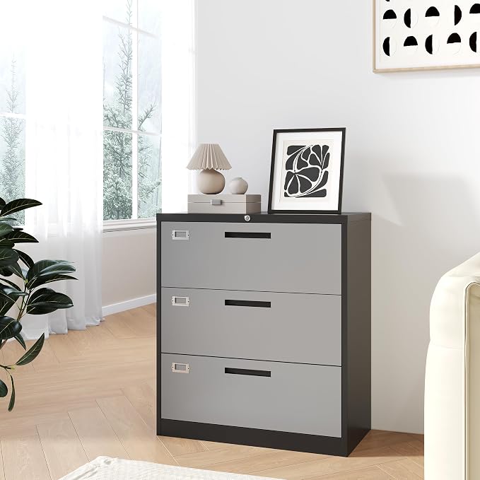 Fesbos 3 Drawer Lateral File Cabinet with Lock, Metal Steel Filling Cabinets for Home Office, Gray Lockable Storage Cabinet for Hanging Files Letter/Legal/F4/A4 Size-Assembly Required