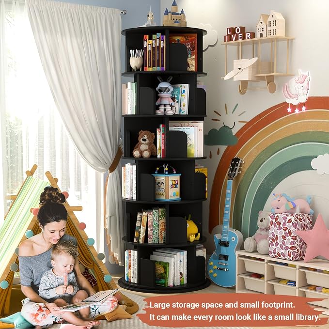 Besiost Rotating Bookshelf Tower, 6 Tier Spinning Bookcase, Revolving 360 Book Shelf Narrow Tall Bookcase, Vertical Turning Round Bookshelf Organizer, Wood Corner Bookshelf for Small Space, Black
