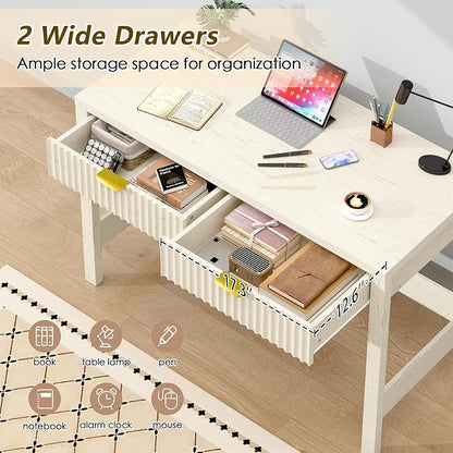 YOMILUVE Fluted Computer Desk with 2 Drawers, 39 Inch Small Computer Desk with Storage, Compact Writing Study Vanity Desk for Small Spaces, Antique White
