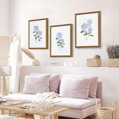 WRFON Blue Hydrangea Framed Wall Art Set of 3, Watercolor Floral Botanical Canvas Prints, Minimalist Flower Wall Decor for Dining Room Living Room Bedroom, Wood Frame 12x16 Inch