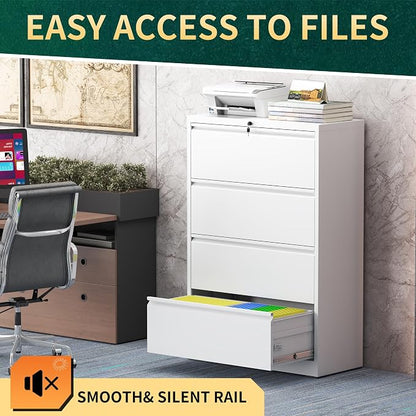4 Drawer Lateral File Cabinet with Lock, Metal File Cabinets for Home Office, Steel Heavy-Duty Filing Storage Cabinet for Letters/Legal/A4 (Require Assembly, White)