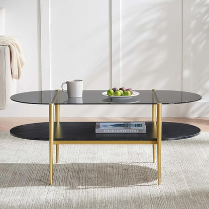 LumFurn Oval Glass Coffee Table, Mid-Century Modern Design, L41 x W21 x H17 inch, for Living Room, Grey Glass Top, Black Marble Finish Wood Shelf & Gold Finish Frame