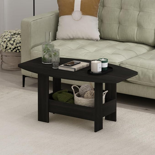 Furinno Simple Design Coffee Table, 2-Tier Modern Center Table with Lower Shelf, Round Corner Side Table, for Living Room, Bedroom, Home Office, Espresso
