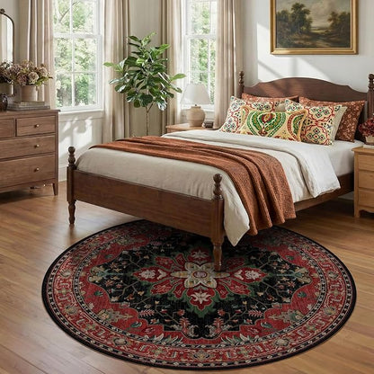 RELEANY Area Rugs Round 7ft Washable Non-Slip, Floral Vintage Distress Medallion Carpet for Living Room Bedroom Dining Room, Red Black