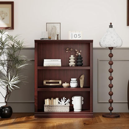 blini 3-Shelf Bookcase Wooden Bookshelves 33in Wide Floor Standing Display Storage Shelves Mahogany Bookcase for Home Office, Living Room, Bedroom