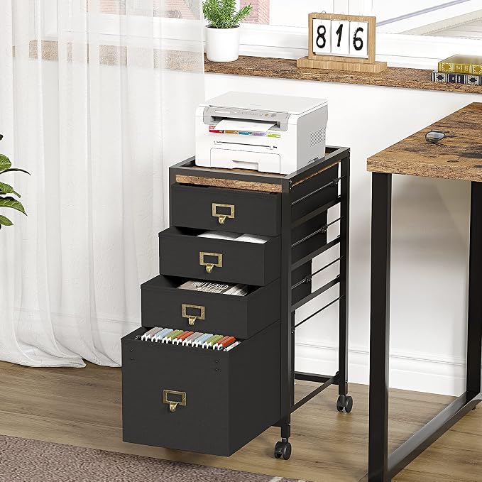 Garvee File Cabinet with 4 Drawers, Mobile Filing Cabinet Fits Letter Size or A4, Fabric Vertical File on Wheels, Home Office Small Under Desk Filing Storage Cabinets, Black