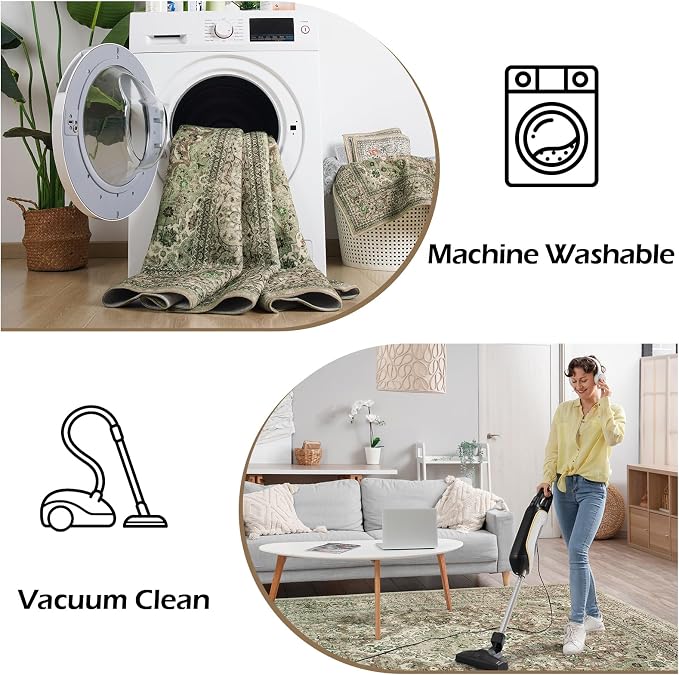 Goideal Washable Rug 4x6, Sage Green Area Rugs Non Slip, Indoor Low Pile Carpet with Rubber Backing for Living Room Kitchen Bathroom Entryway Office Bedroom