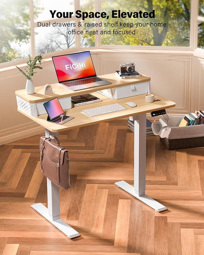 FiCiHi 40x24 Inch Standing Desk with Drawers, C-Clamp Mount Compatible, Electric Adjustable Height Computer Small Stand Up Desks, Home Office Sit Stand Table with 3 Preset Heights, Maple