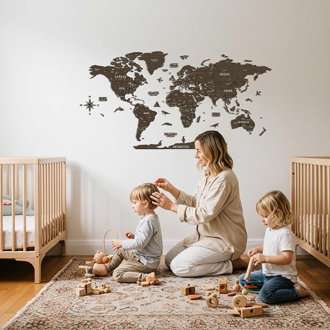 Colorfull Worlds, Multilayer 3D Wooden World Map, Travel Map States and Capitals, Wall Decor For New House, Gift For Travelers, Office Decor, Educational Activity for Children (M, Betül)