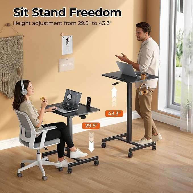 JOY worker Mobile Standing Desk, 23.6" x 20.5" Small Rolling Laptop Cart with 90° Tiltable Desktop, Portable Height Adjustable Sit-Stand Computer Desk on Wheels for Home Office, Black
