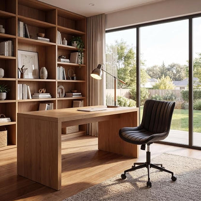 YOUNIKE Black Office Desk Chair with Wheels Comfy Armless Small Vanity Chair with Adjustable Rocking Back Modern Leather Upholstered Rolling Task Computer Chair Cute Swivel Drafting Chair Compact