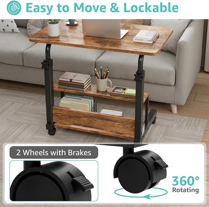 WINAZ C Shaped Rolling Laptop Desk - 32" Rustic Brown Mobile Portable Small Desk with Wheels for Small Spaces, Height Adjustable Overbed Table with 2-Tier Storage Shelves