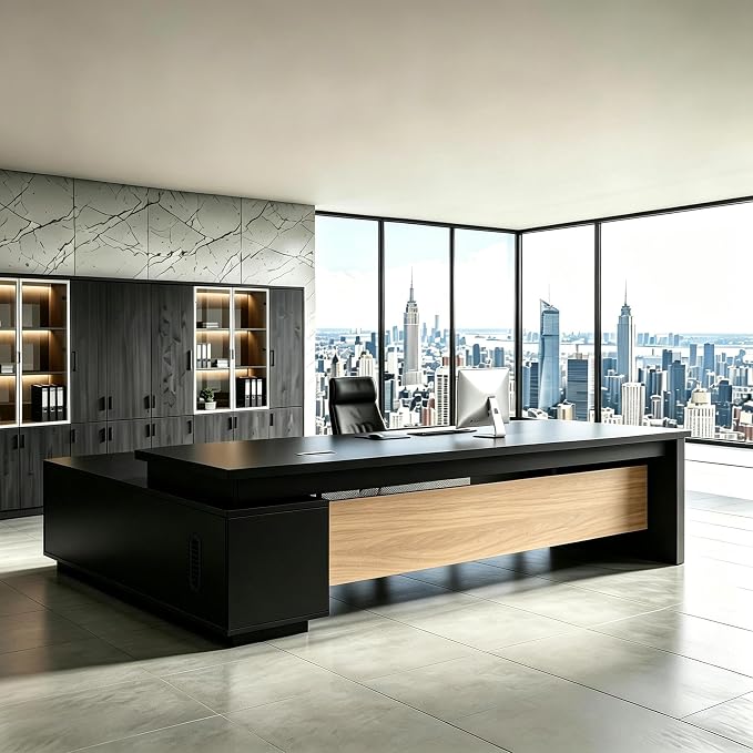 L Shaped Executive Desk with Drawers, Modern Large Wood Home Office Desk, Computer Desk with Storage for Boss Office Workstation