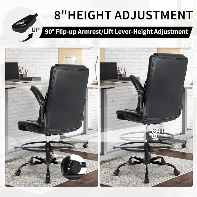Misolant Drafting Chair with Footrest Ring, Tall Office Chair for Standing Desk, PU Faux Leather Bar Counter Height Chairs with Adjustable Height, 360° Swivel Wheels for Garage Office, Black