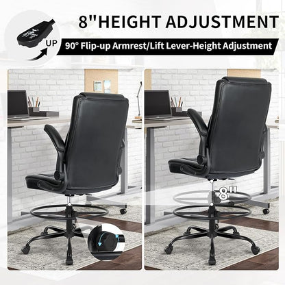Misolant Drafting Chair with Footrest Ring, Tall Office Chair for Standing Desk, PU Faux Leather Bar Counter Height Chairs with Adjustable Height, 360° Swivel Wheels for Garage Office, Black