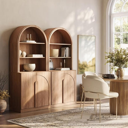 BELLEZE Set of 2 71"Tall Storage Cabinet with Arched Hutch, Wooden Sideboard Buffet Cabinet with Adjustable Shelves for Pantry Organizing, 5-Tier Modern Storage Unit for Living Room Home Office, Camel
