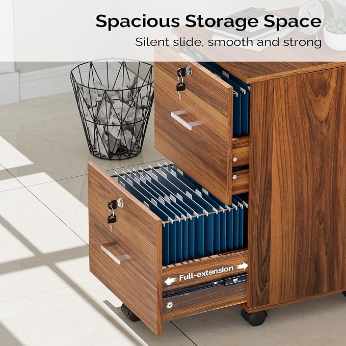 VINGLI 2-Drawer Rolling File Cabinet with Lock, Wood Mobile File Organization for Hanging Letter Size Filings Under Desk Filing Cabinets for Home Office, Assembly Required, Classic Walnut, 26.5" H