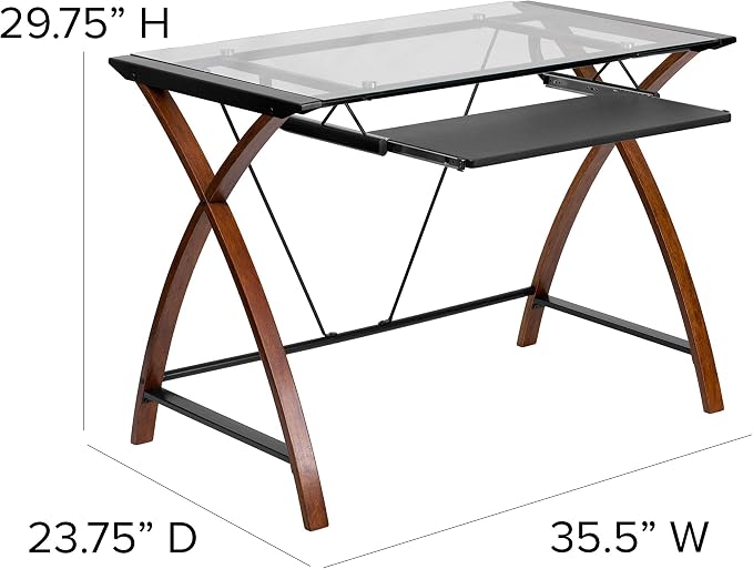 Flash Furniture Jude Tempered Glass Computer Desk with Pull-Out Keyboard Tray and Crisscross Frame, Small Computer Desk for Home Office, Cherry/Clear