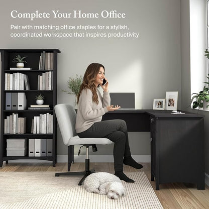 Bush Home L Shaped Desk with Storage for Home Office, Modern Farmhouse Corner Table with Drawers and Cabinets, Salinas Collection, Vintage Black