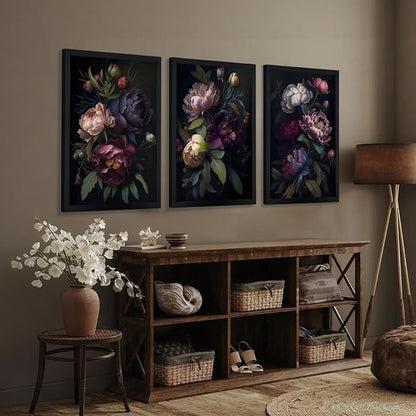 ICHZUMW Moody Peony Floral Canvas Wall Art Set of 3, Black Wood Framed Dark Academia Gothic Botanical Wall Decor, Ready to Hang Fade‑Resistant Flower Pictures for Bedroom Living Room Bathroom, 20×30in