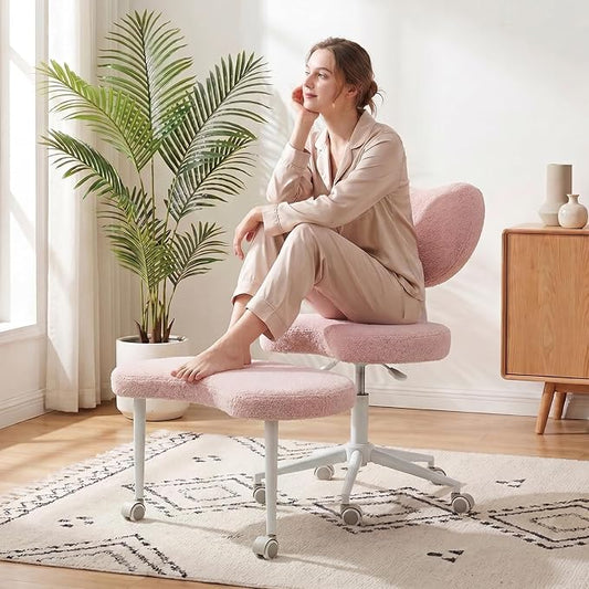 Cross Legged Office Chair, 360° Swivel Yoga Meditation Chair, Ergonomic Height Adjustable ADHD Criss Cross Office Chair with Wheels, Lumbar Support for Home Office, Pink