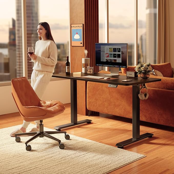 FEZIBO 55 x 24 Inchs Electric Standing Desk, Height Adjustable, Sit Stand Up, Computer Office Desk with Splice Board, Black Frame/Black Top