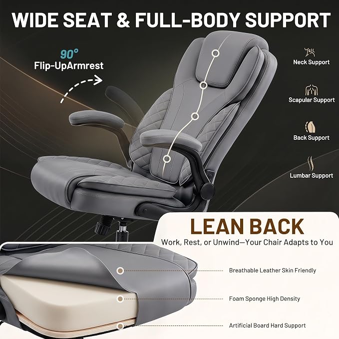 Ergonomic Office Chair, PU Leather High Back Executive Chair with Adjustable Inflatable Lumbar Support and Padded Flip-Up Arms, Recline Swivel Task Computer Chair for Home Office, Gray