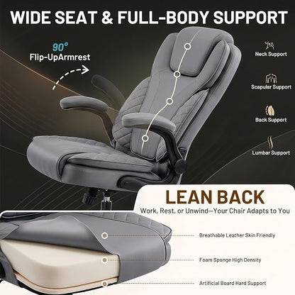 Ergonomic Office Chair, PU Leather High Back Executive Chair with Adjustable Inflatable Lumbar Support and Padded Flip-Up Arms, Recline Swivel Task Computer Chair for Home Office, Gray