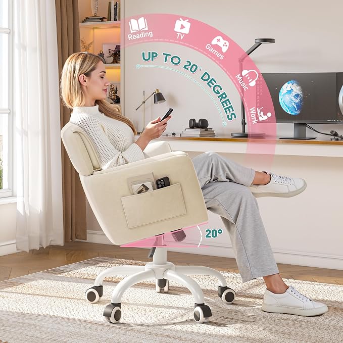 DurayLoly Vanity Chair with Wheels & Soft Velvet Fabric, Desk Chair Comfy with Back, Upholstered Home Office Chair with Side Pockets for Bedroom, Office, Make-up Room, Height Adjustable, Beige