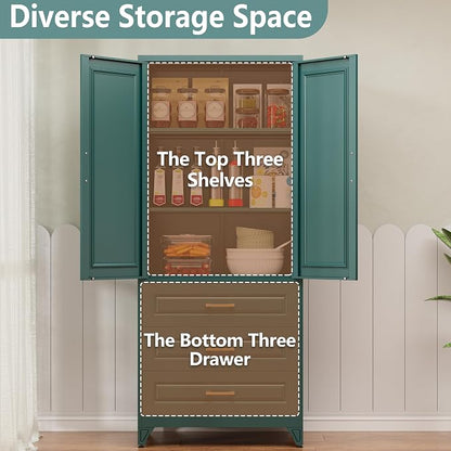 Polup 75" Tall Metal Storage Cabinet with Doors and Shelves, Heavy Duty Green Kitchen Pantry Cabinet with 3 Drawers, Freestanding Food Cupboard Storage Organizers for Laundry, Garage, Dining Room