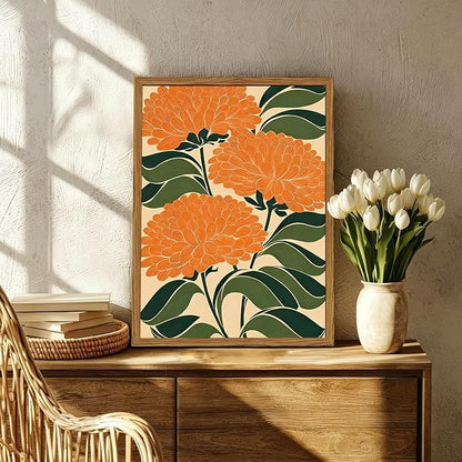 Framed Boho Floral Wall Art, Vintage Orange Flower Canvas Wall Decor Pictures, Mid Century Modern Abstract Botanical Paintings Prints Maximalist Home Decor for living Room Bedroom Office 16x24 inch
