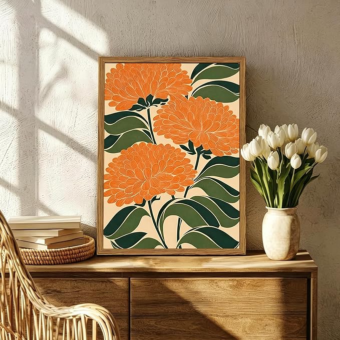 Framed Boho Floral Wall Art, Vintage Orange Flower Canvas Wall Decor Pictures, Mid Century Modern Abstract Botanical Paintings Prints Maximalist Home Decor for living Room Bedroom Office 12x16 inch