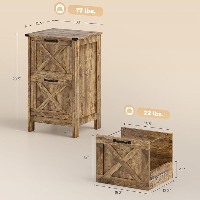 HOMCOM 2 Drawer Vertical File Cabinet with Silent Slides, Rustic Farmhouse Filing Cabinet with Barn Doors for A4/Letter Size, Printer Stand with Storage for Home Office, Rustic Brown