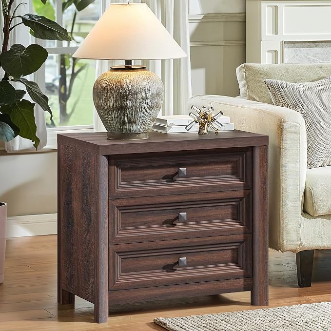 Walnut Nightstands Set of 2, Farmhouse Wood Night Stand with 3 Drawers and Metal Knobs, 24.8” Tall Bedside Table with Storage, Rustic End Table for Living Room Bedroom Side Table Home Office