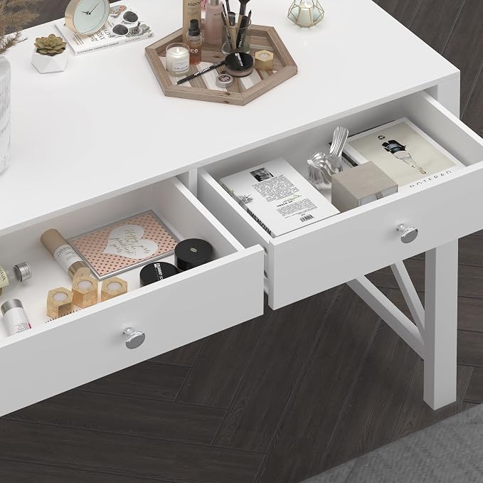 WiberWi Home Office Desk with Drawers, Modern Writing Computer Desk for Bedroom, Small Makeup Vanity Table Study Table for Home Office,White