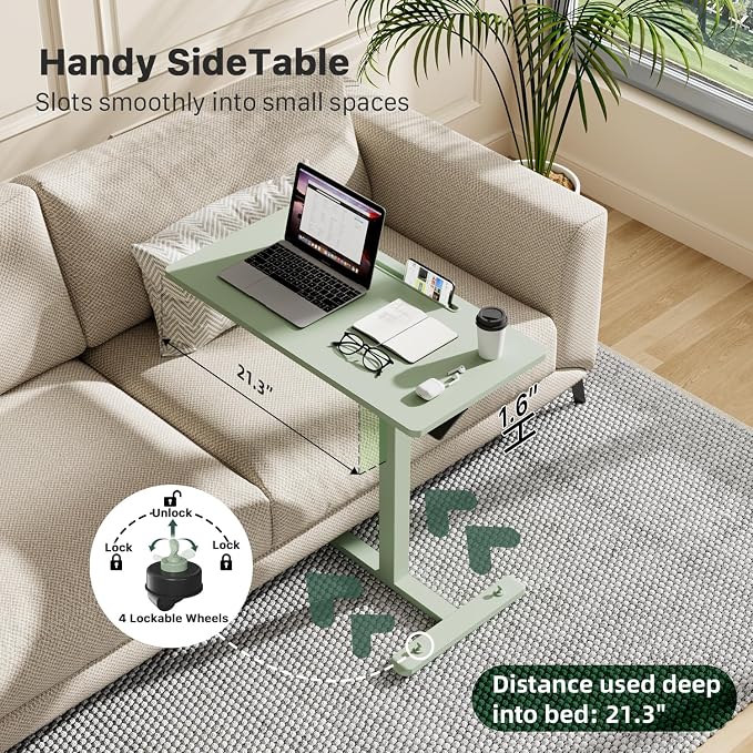 Gibbon Mounts Mobile Standing Desk, Pneumatic Adjustable Rolling Desk(31.5 Inches), Portable Laptop Desk with 4 Lockable Wheels, Overbed Bedside Table Laptop Table for Couch, Home, Office, Green