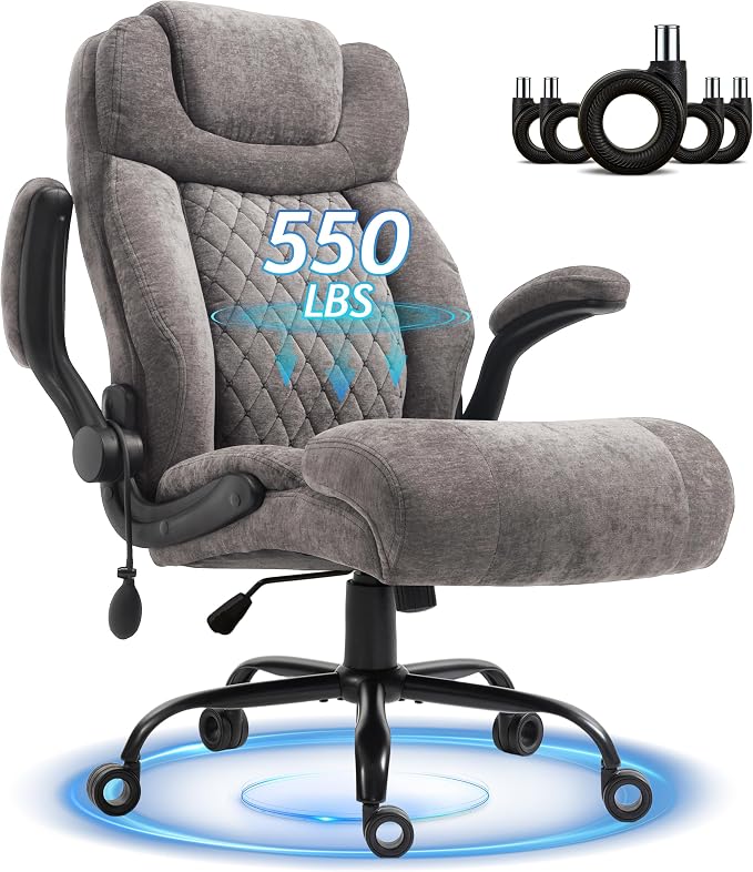 Office Chair, Big and Tall Executive Chairs with Lumbar Support for Back Pain, Breathable Fabric Desk Computer Chair with Adjustable Flip-up Armrests,Wide Cushion Swivel Home Office Chair Black,Grey