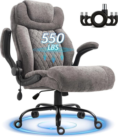 Office Chair, Big and Tall Executive Chairs with Lumbar Support for Back Pain, Breathable Fabric Desk Computer Chair with Adjustable Flip-up Armrests,Wide Cushion Swivel Home Office Chair Black,Grey