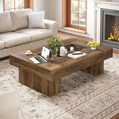 LVB Coffee Table, Modern Wood Led Living Room Table with Storage, Farmhouse Large Rectangle Center Table with LED Light, Unique Wide Low Tea Table for Living Room Home Office, 47.24 in, Rustic Oak