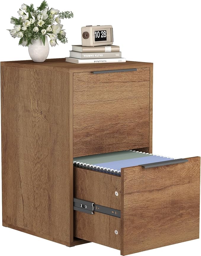 2 Drawer File Cabinet, Wood Vertical Filing Cabinet Fits Hanging Files/Letter Size, Small Under Desk File Cabinets for Home Office, Brown