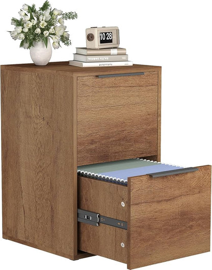 2 Drawer File Cabinet, Wood Vertical Filing Cabinet Fits Hanging Files/Letter Size, Small Under Desk File Cabinets for Home Office, Brown