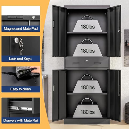 Wanfu Metal Storage Cabinet, 71" H x 28" W x 16" D Locking Storage Cabinet with Adjustable Shelves and 1 Drawer, Steel Cabinet for Office, Garage, Home, School, Utility (Black)