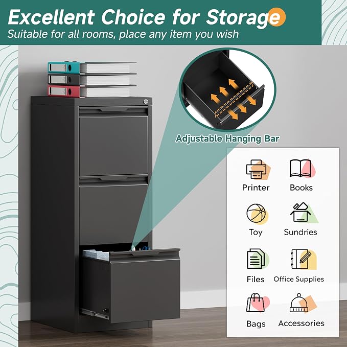 3 Drawer File Cabinet with Lock for Home Office | Small Metal Filing Cabinet, Under Desk, Vertical Organizer, Legal/Letter Size File, Easy Assembly