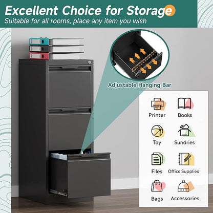 3 Drawer File Cabinet with Lock for Home Office | Small Metal Filing Cabinet, Under Desk, Vertical Organizer, Legal/Letter Size File, Easy Assembly