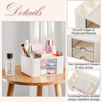 MotiMind White Bling Desk Organizer with 2 Drawer, Sparkly Makeup Organizer for Vanity, Girly Desk Accessories, Rhinestone Pen Holder, Elevate Your Workspace with White Serenity (Pearl)