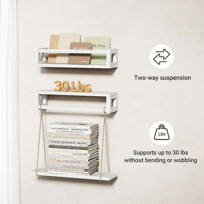 TidyCorner Upgraded Thick Floating Shelves, Solid Wood Bookshelf for Wall, Floating Book Shelves Use as Wall Shelves for Bedroom, Living Room, Kitchen, Books, Spice Rack & Decor - White