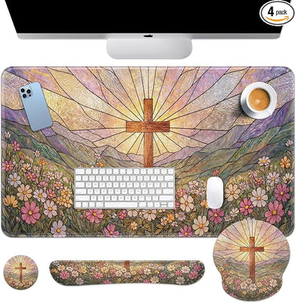 Britimes Cross Religious Wildflower Keyboard Mouse Pad Set Colorful Floral 4in1 Large Mousepad+Keyboard Wrist Rest+Mouse Wrist Rest+Coaster Ergonomic Design for Home Office Computer 35.4x15.7 inches
