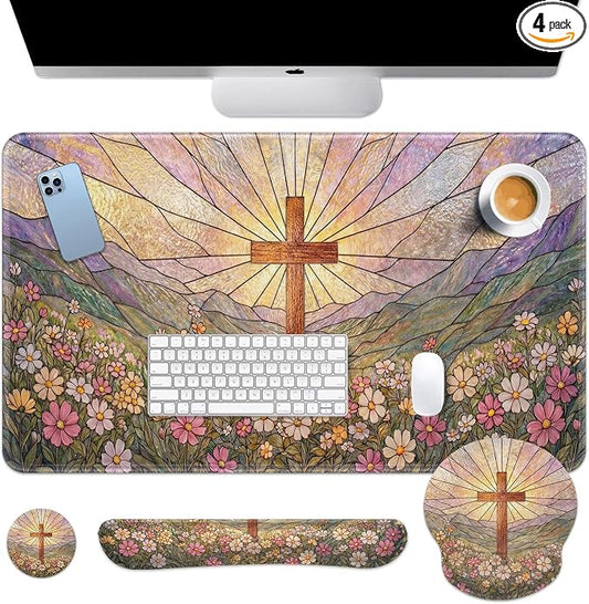 Britimes Cross Religious Wildflower Keyboard Mouse Pad Set Colorful Floral 4in1 Large Mousepad+Keyboard Wrist Rest+Mouse Wrist Rest+Coaster Ergonomic Design for Home Office Computer 35.4x15.7 inches